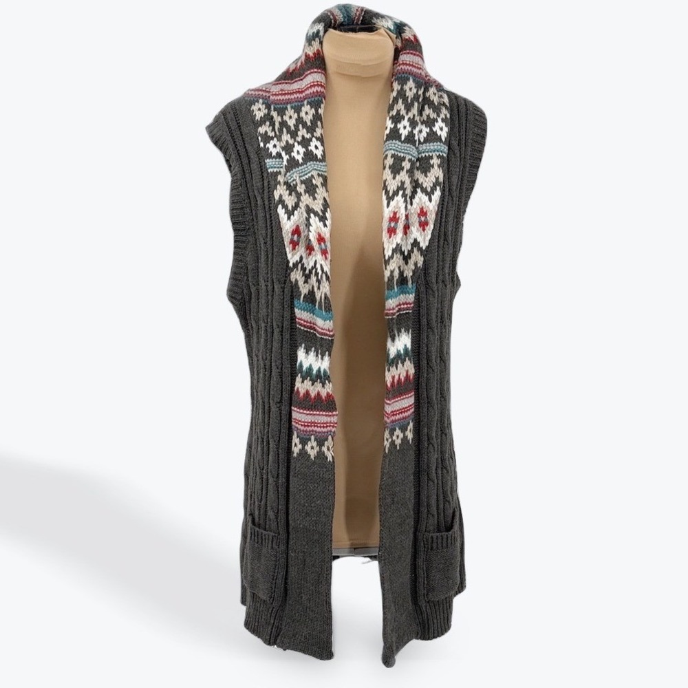 Love Change Women L Gray Cable Knit Sleeveless Long Cardigan Vest Fair Isle